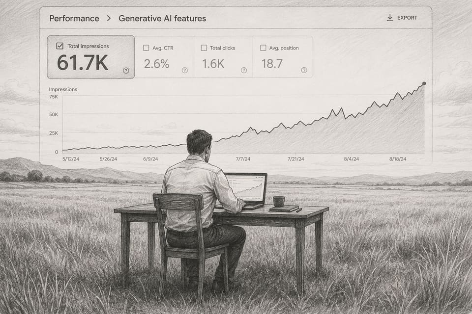 A sketch of the Search Console Generative AI features report: impressions, CTR, clicks and average position, with a rising impressions chart.