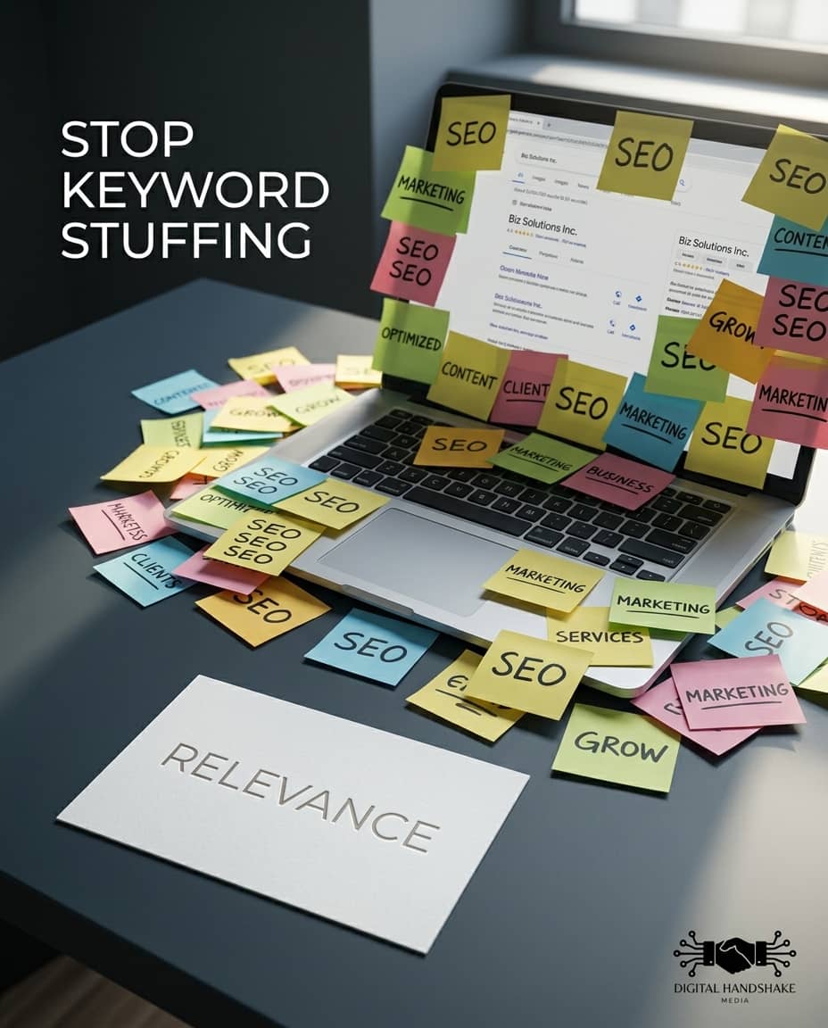 A laptop buried under dozens of sticky notes reading SEO, marketing and grow, beside a single card embossed with the word Relevance.