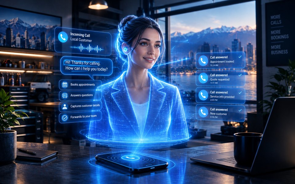 Illustration of an AI receptionist call, with panels showing it booking appointments, answering questions, capturing customer details and forwarding to the team.