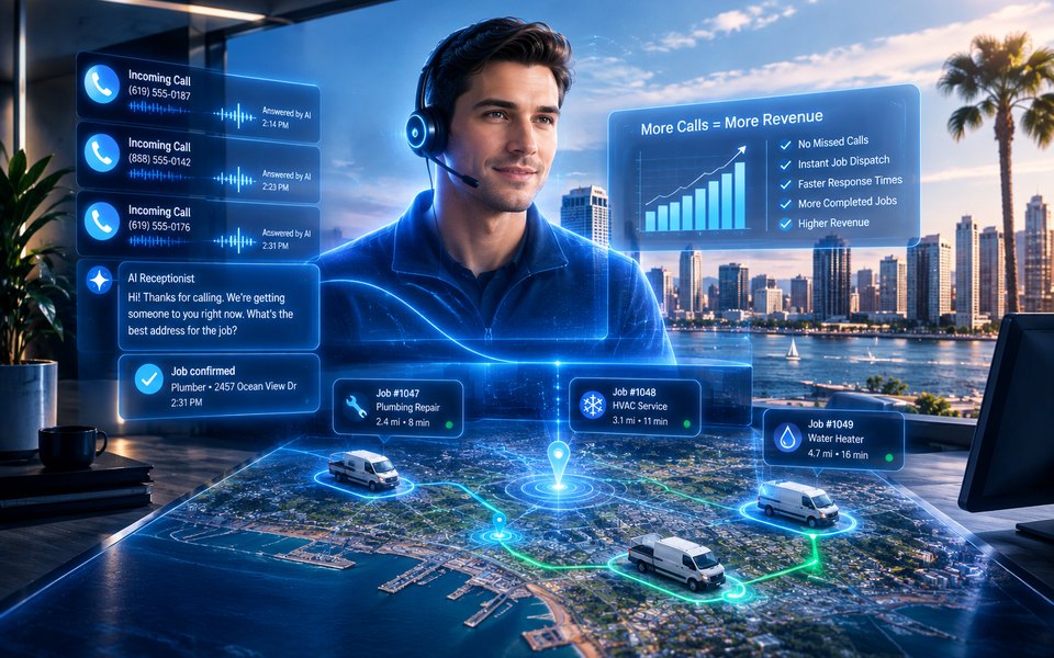 Illustration of a technician with every incoming call answered by AI and dispatched to the nearest available job.