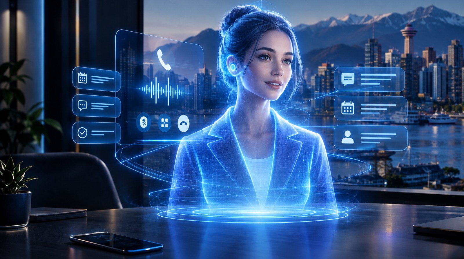 Illustration of an AI receptionist as a holographic figure taking a call above the Vancouver skyline, with panels showing booking, messaging and call-handling controls.
