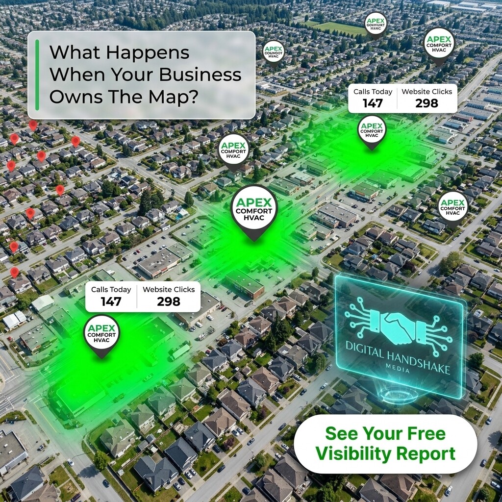 An aerial map view showing one business's pin lit up with a green coverage radius and today's call and click counts, surrounded by nearby competitor pins with no coverage of their own.