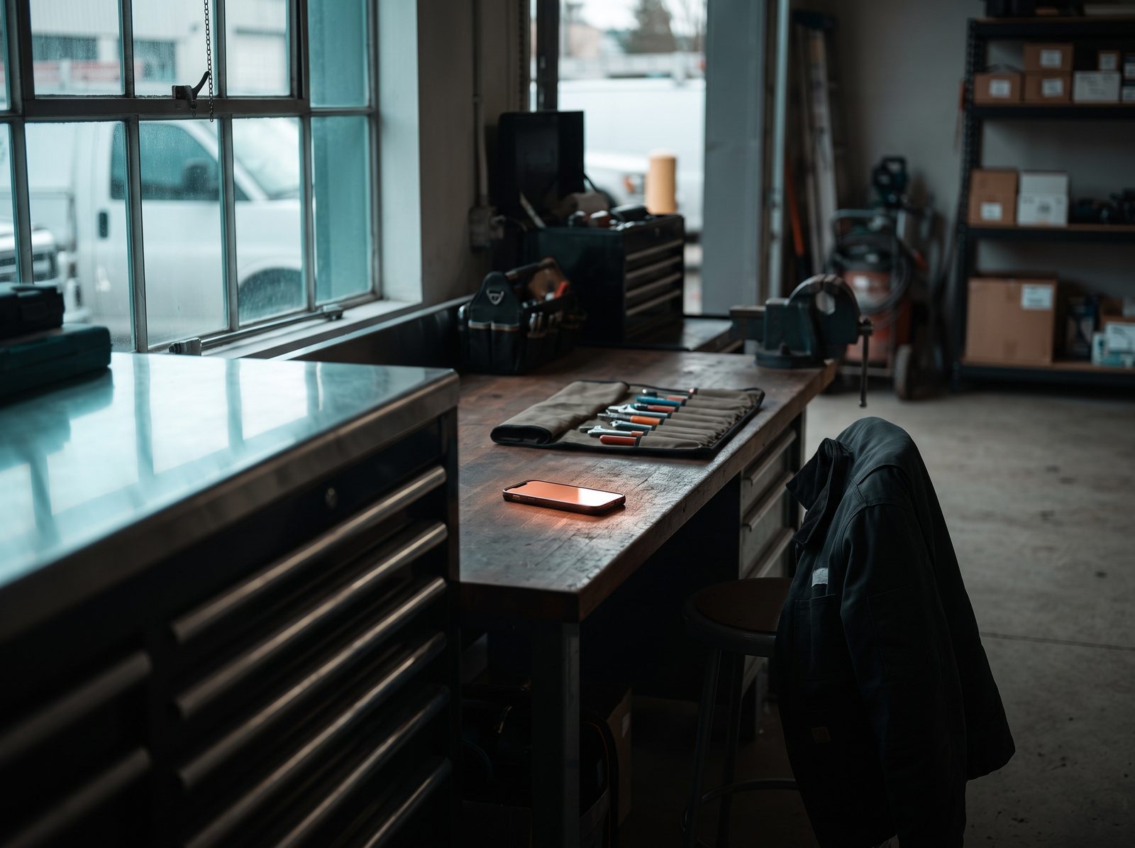 A real service-business workshop bench with a glowing phone, tools and a van visible through the window, standing in for the business owner on the other end of the call.