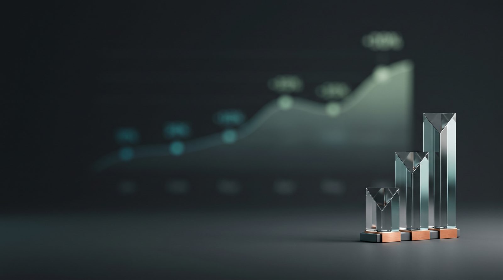 Three ascending glass bar-chart columns in front of a blurred upward trend line, standing in for a marketing funnel compounding into steady growth over time.