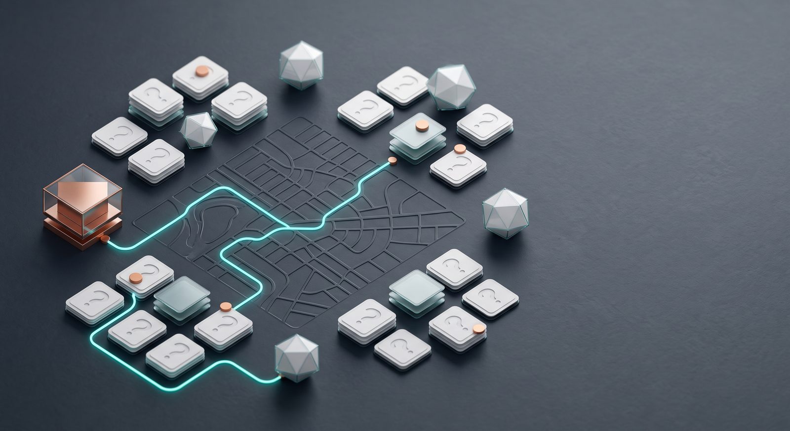 A ring of question-mark icon tiles surrounding a street grid, standing in for the different open questions each industry brings.