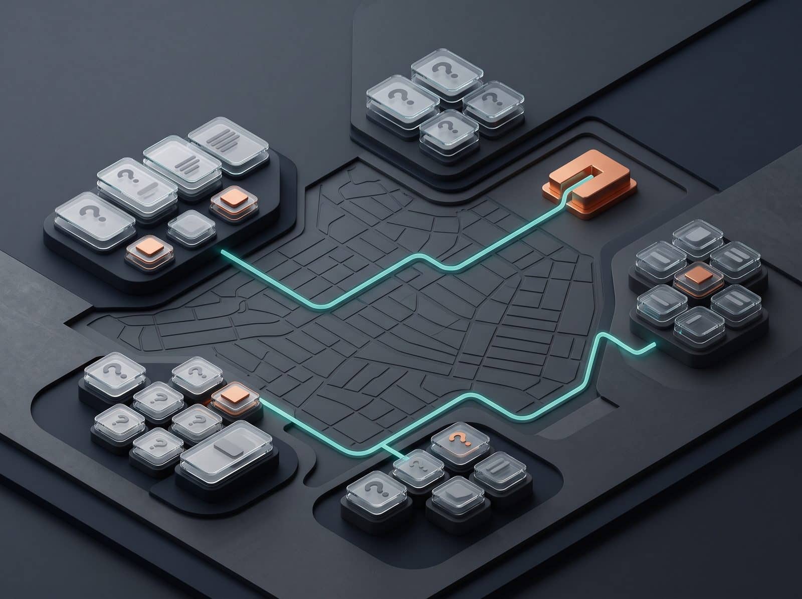 Clusters of question-mark tiles linked by teal lines across a street grid, standing in for the many different ways one search question can be typed, all pointing at the same possible answer box.