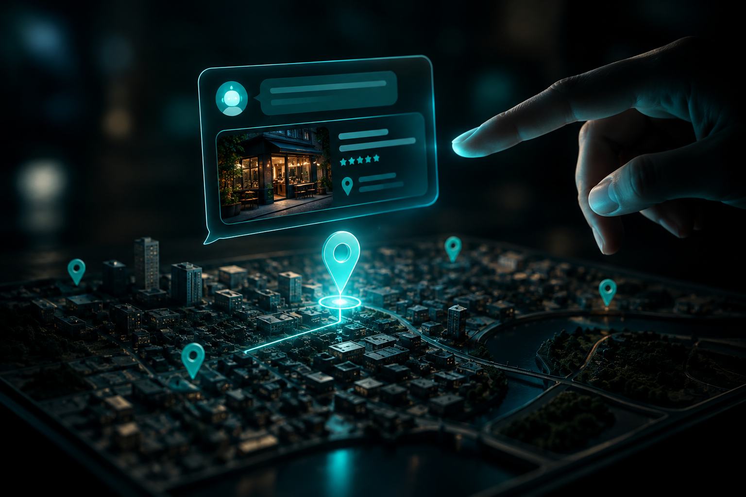 A glowing chat window floating above a miniature city map with location pins, standing in for an AI assistant recommending a local business.