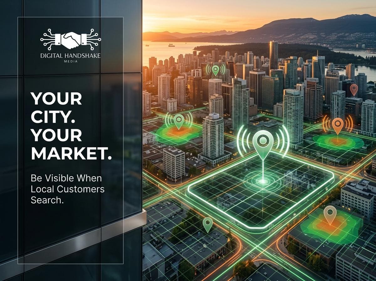 Your city, your market: be visible when local customers search. An aerial view of the Vancouver skyline at sunset with map pins and coverage heat patches laid over the street grid.