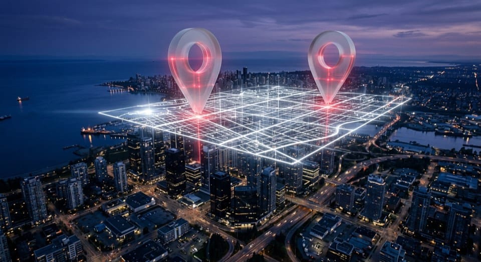 A dark aerial city map covered by a regular grid of green, amber and red ranking dots.