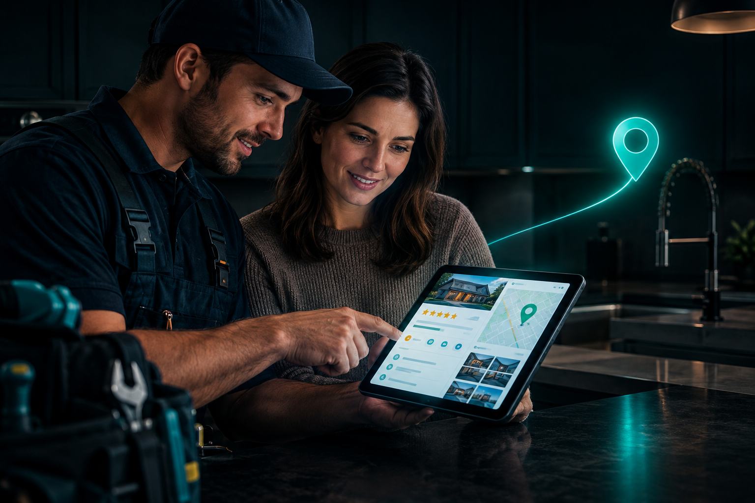 A plumber and a homeowner reviewing a business listing together on a tablet in a kitchen, standing in for the owner checking the work on their own Google Business Profile.