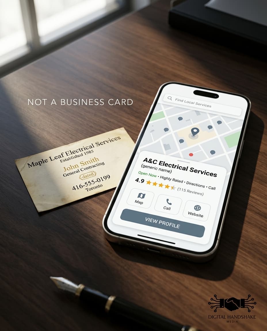 An old paper business card next to a phone showing a clean Google Business Profile card: map, rating, reviews, and call and website buttons.