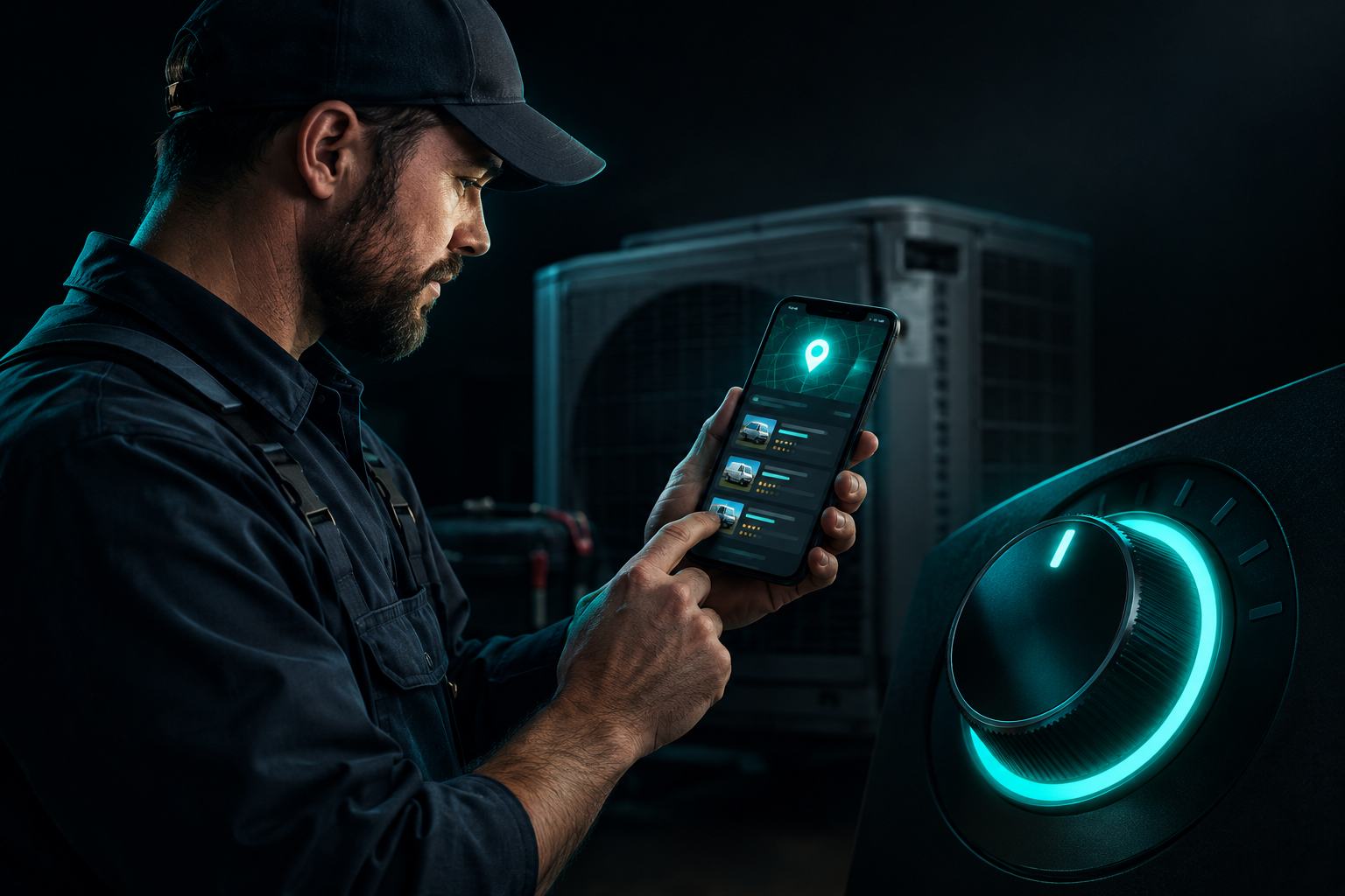 A heating technician checking a phone in front of a van, with a glowing budget dial in the foreground, standing in for a local business owner deciding how much to spend on paid clicks.
