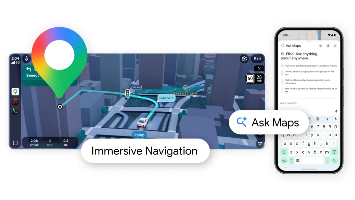 Google’s launch image: the Ask Maps chat panel on a phone, beside Immersive Navigation’s 3D driving view on a car screen.