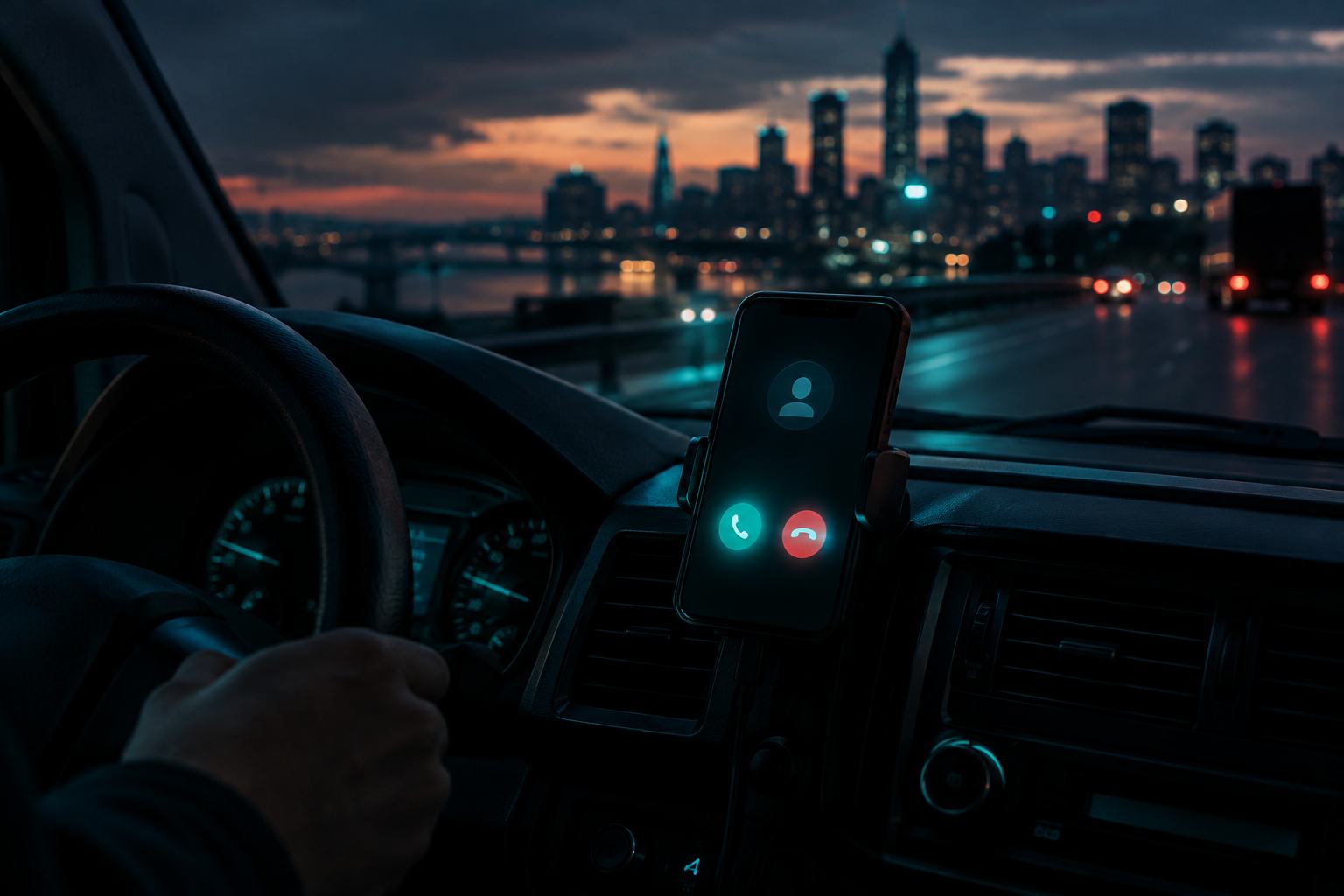 A service van's dashboard at dusk, a phone mounted on the windshield lit up mid-call, a city skyline glowing beyond the road.