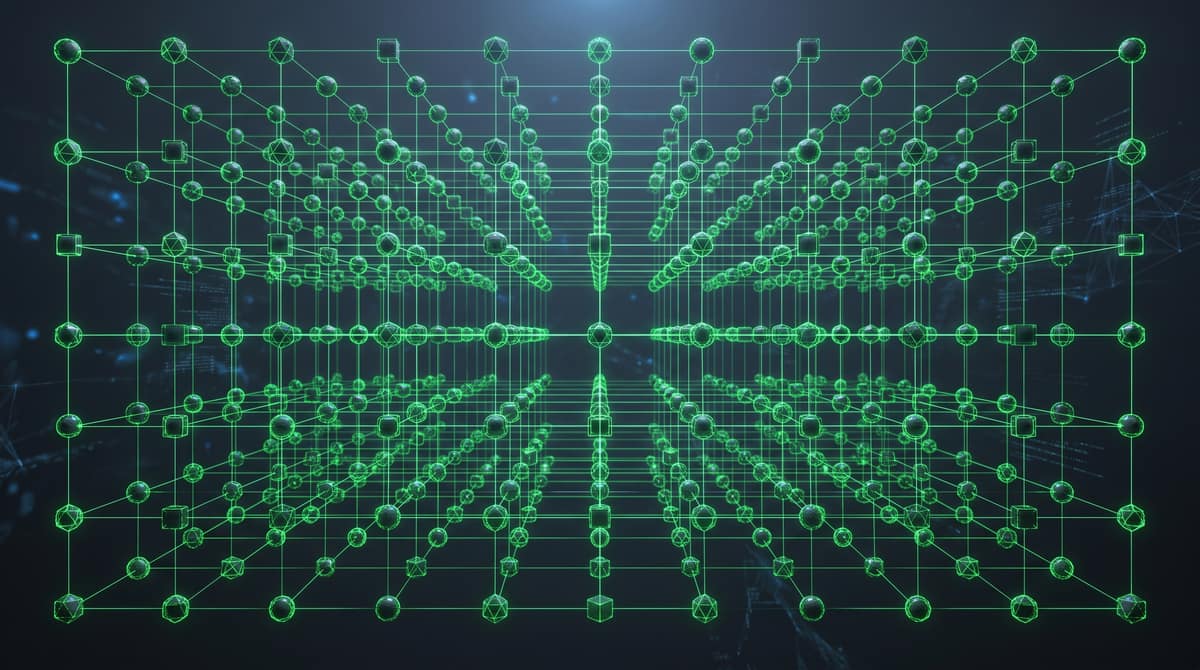 A regular grid of connected nodes and simple shapes, evenly spaced and clearly structured.