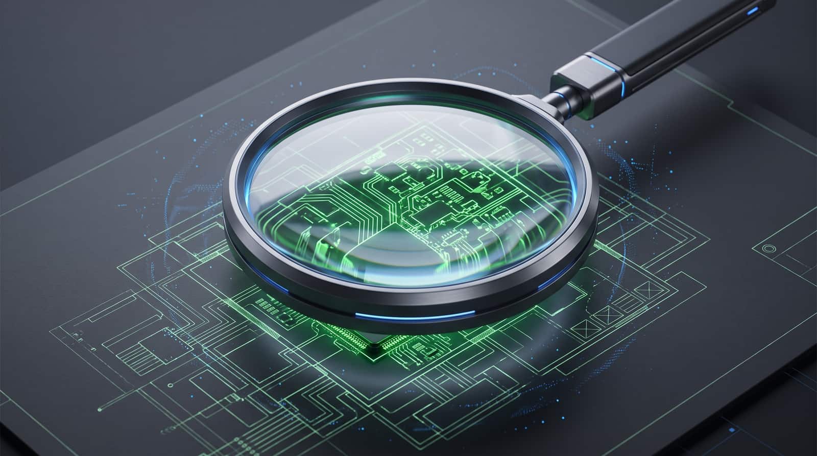 A magnifying glass held over a glowing green circuit board.