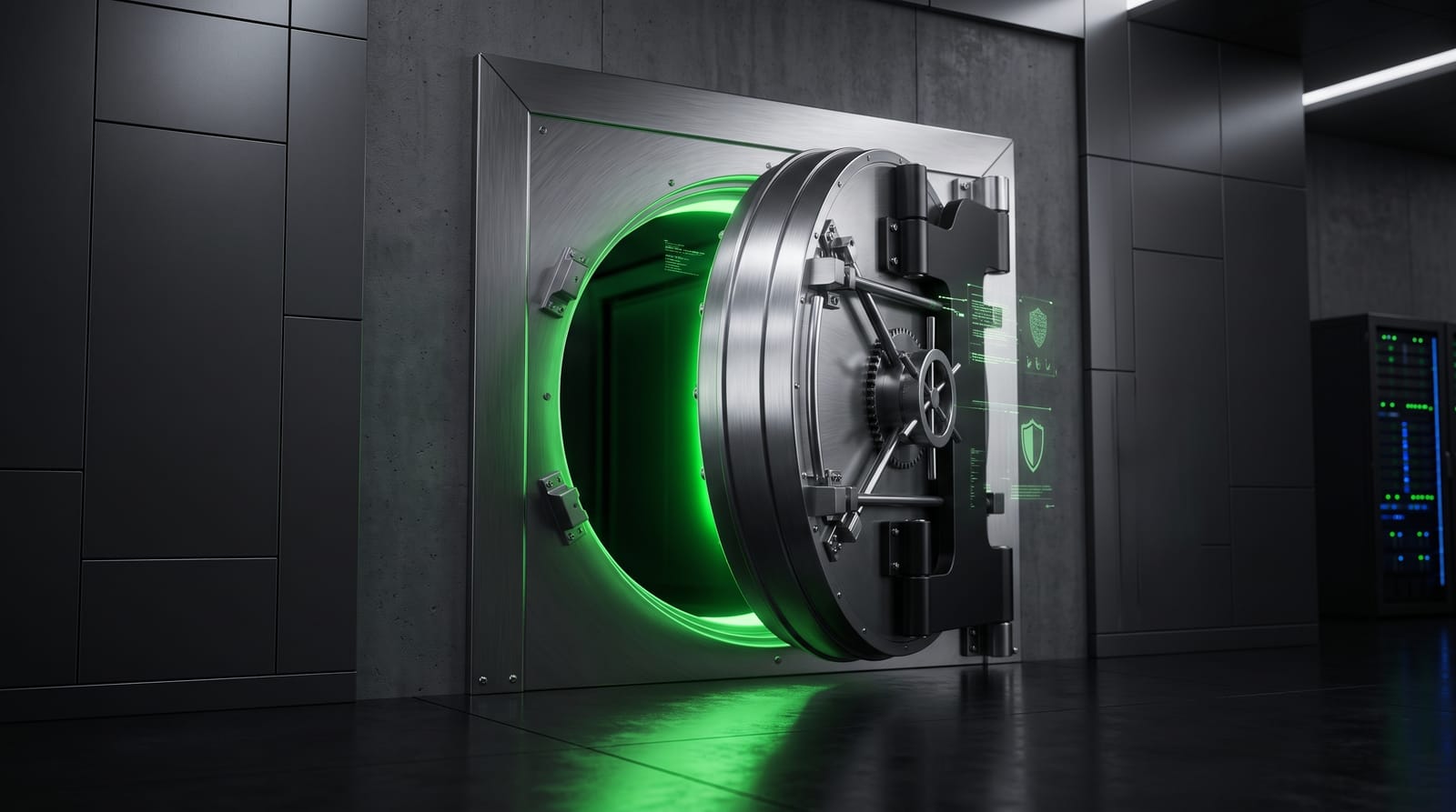A heavy steel vault door standing open with green light behind it, standing in for what an agency keeps behind a polished pitch.