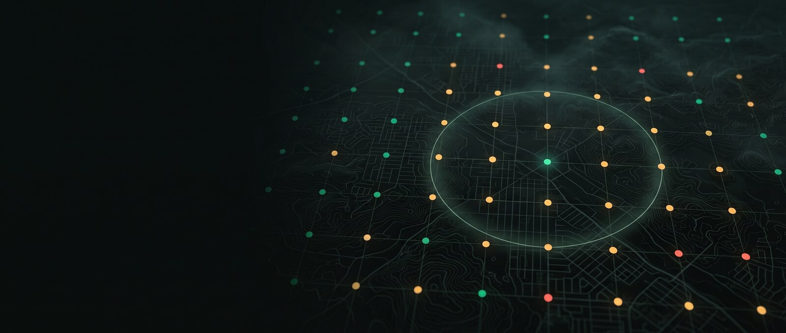 Aerial view of a coastal city at dusk with a grid of glowing scan points laid over the streets and two map pins above the downtown core.