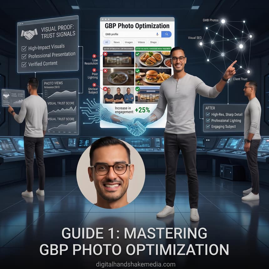 A before-and-after board for Google Business Profile photos: dim, low-resolution shots marked with a red cross; sharp, well-lit shots marked with a green check.
