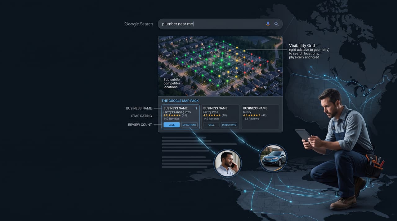 A grid of ranking-check points laid over a search results panel and a service-area map.