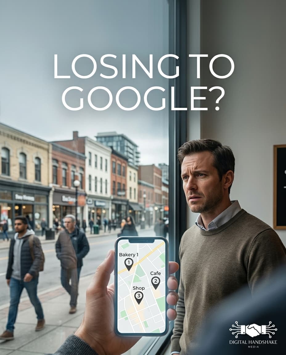 A business owner looking out at a busy street while holding a phone showing a map with the top three ranked local listings.