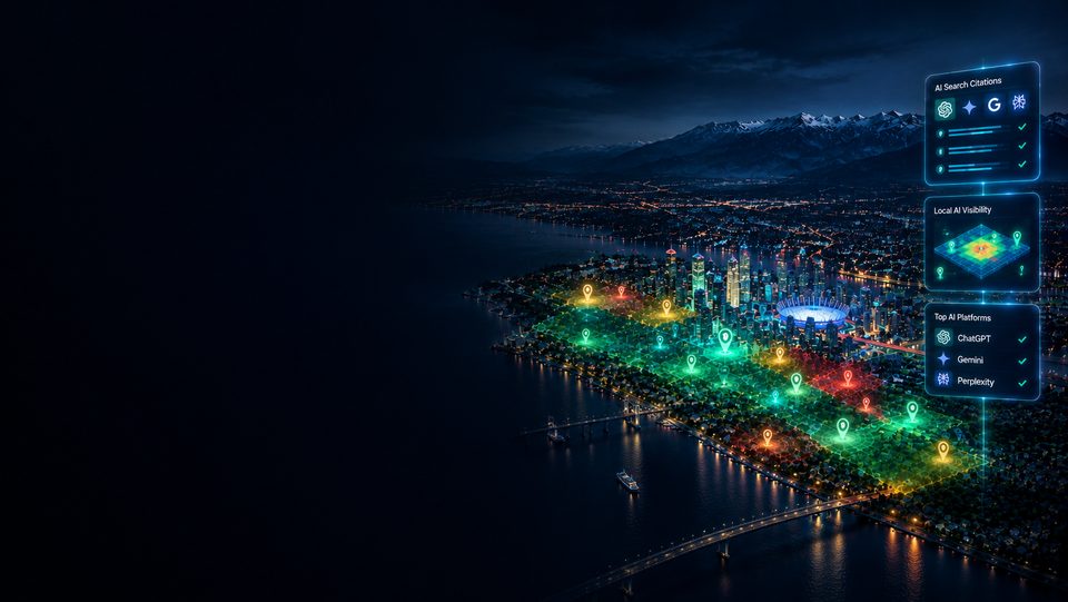 Digital Handshake Media: night aerial illustration of a coastal city with a green, amber and red geo-grid of map pins laid over its streets, beside floating panels for AI search citations, local AI visibility and the top AI platforms: ChatGPT, Gemini and Perplexity.