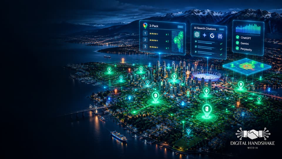 Night aerial illustration of a coastal city covered in glowing green number-one map pins, with floating panels for the Google 3-Pack, AI search citations from ChatGPT, Gemini and Perplexity, and a geo-grid heat map, above the Digital Handshake Media logo.