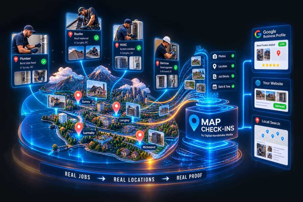 Completed plumbing, roofing, HVAC and electrical jobs across Surrey, Langley, Burnaby and Richmond, each pinned and dated, feeding through Map Check-Ins.