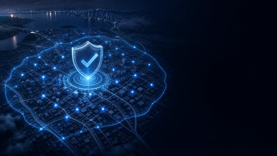A shield with a checkmark over a holographic map of a city, representing verified local coverage.