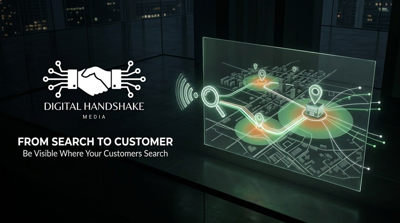 The Digital Handshake Media logo beside a glowing holographic city map with search rings and route lines, captioned “From search to customer.”