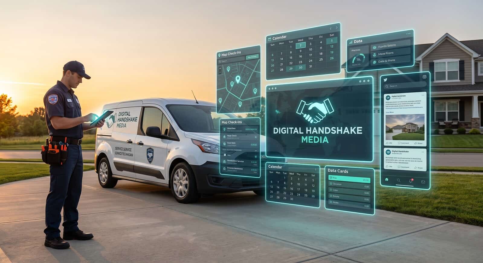 A technician logs a completed job from a phone by a service van, with panels showing the job pinned on a live map, a calendar of work, and a social update.