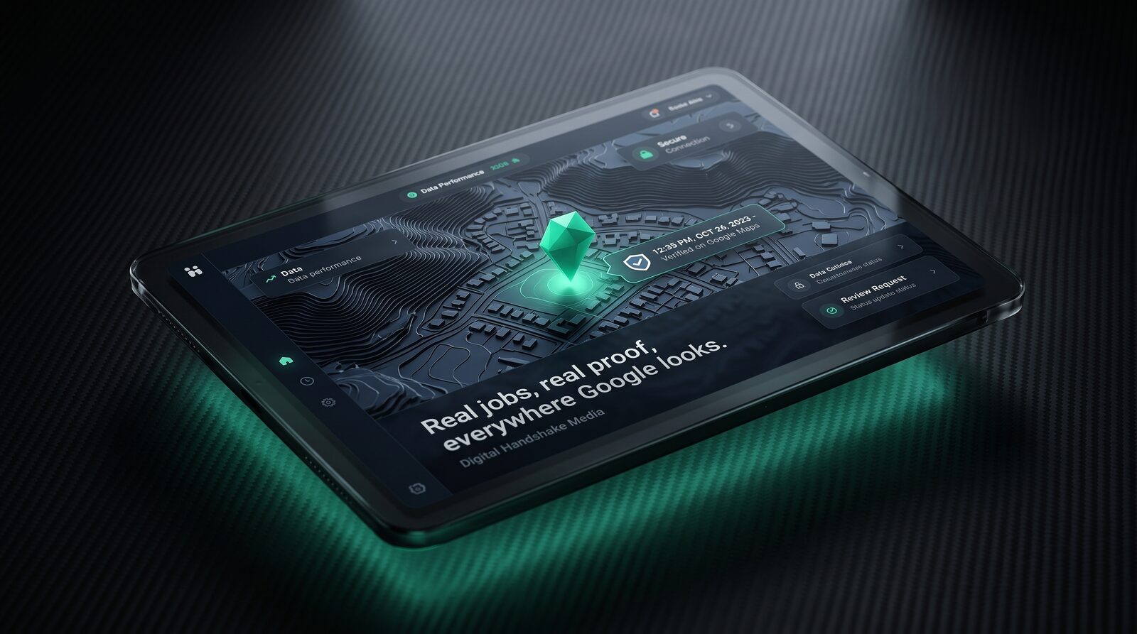 A tablet showing the Map Check-Ins dashboard: a completed job pinned on a map, marked verified on Google Maps, with the tagline 'Real jobs, real proof, everywhere Google looks.'