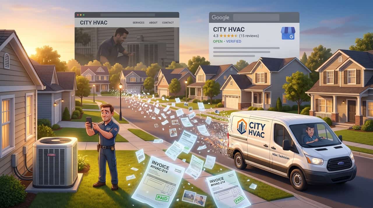 An illustrated field technician documenting a completed job on his phone, with the resulting website listing and Google Business Profile shown above.