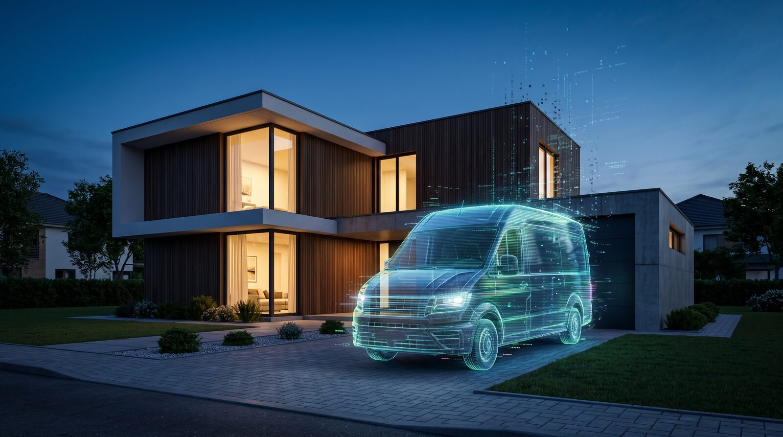 A service van dissolving into a stream of digital data as it pulls away from a finished job at dusk, representing work that disappears without leaving a digital record.