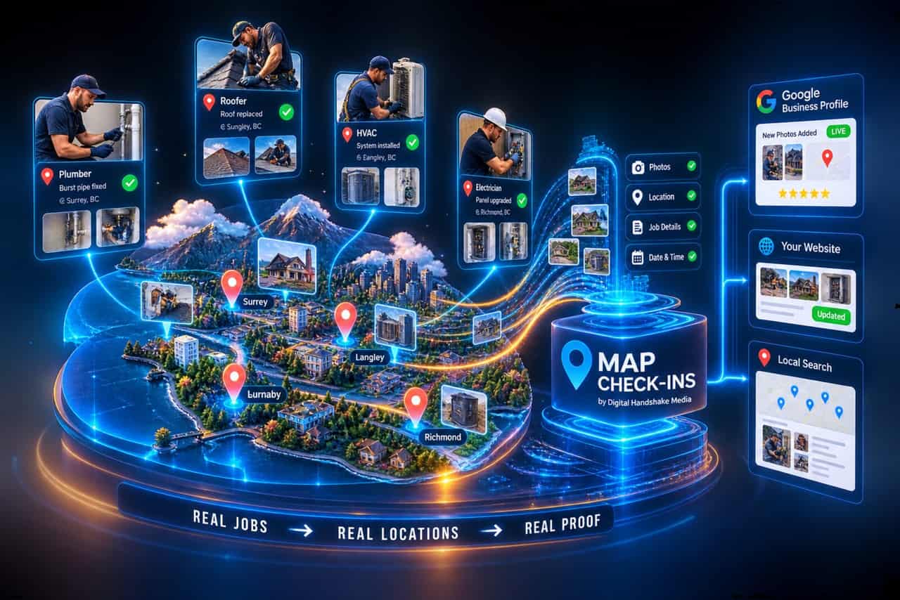 A plumber, roofer, HVAC tech and electrician working across Metro Vancouver, each job routed through a Map Check-Ins hub to the profile, site and search.