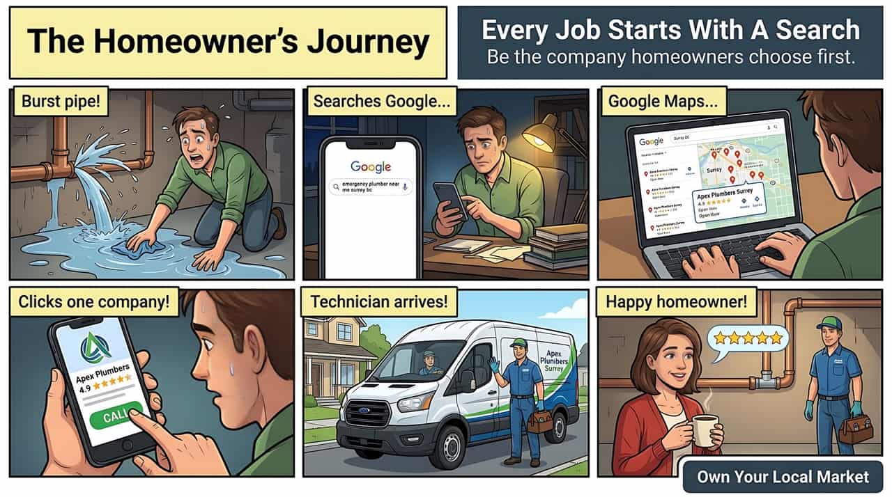 An illustrated sequence: a homeowner searches for a local service business, compares Google Maps listings, and picks the one with current, visible activity.