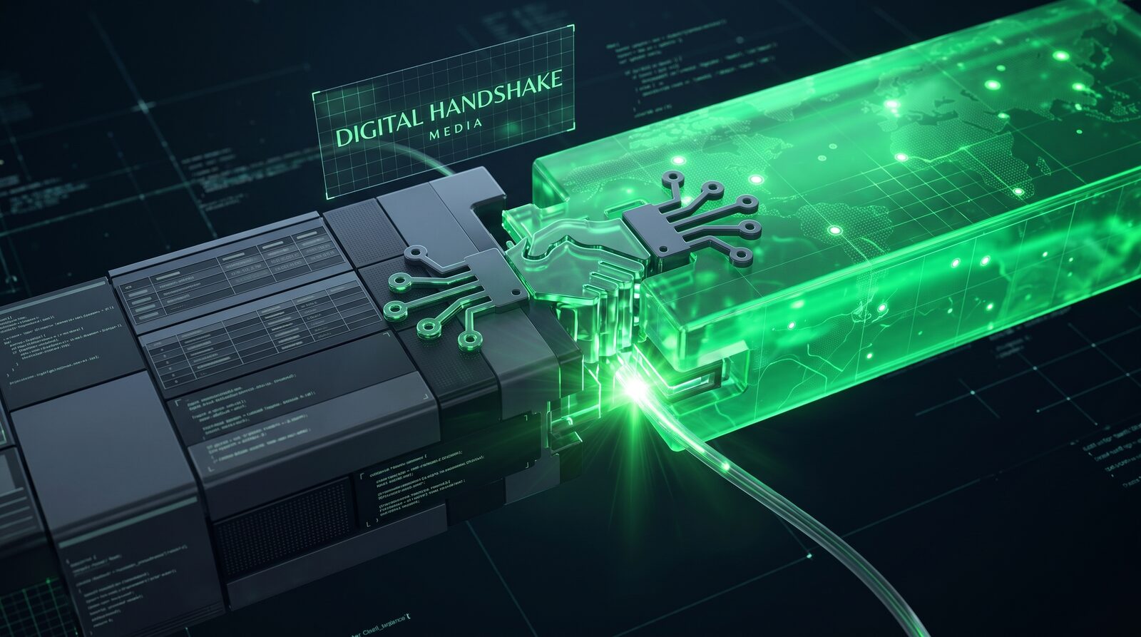 An illustrated handshake connecting a CRM server rack to the Digital Handshake Media network, representing a custom integration between existing dispatch software and Map Check-Ins.