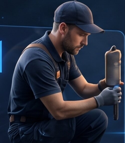 A technician crouching to complete a job for a customer.