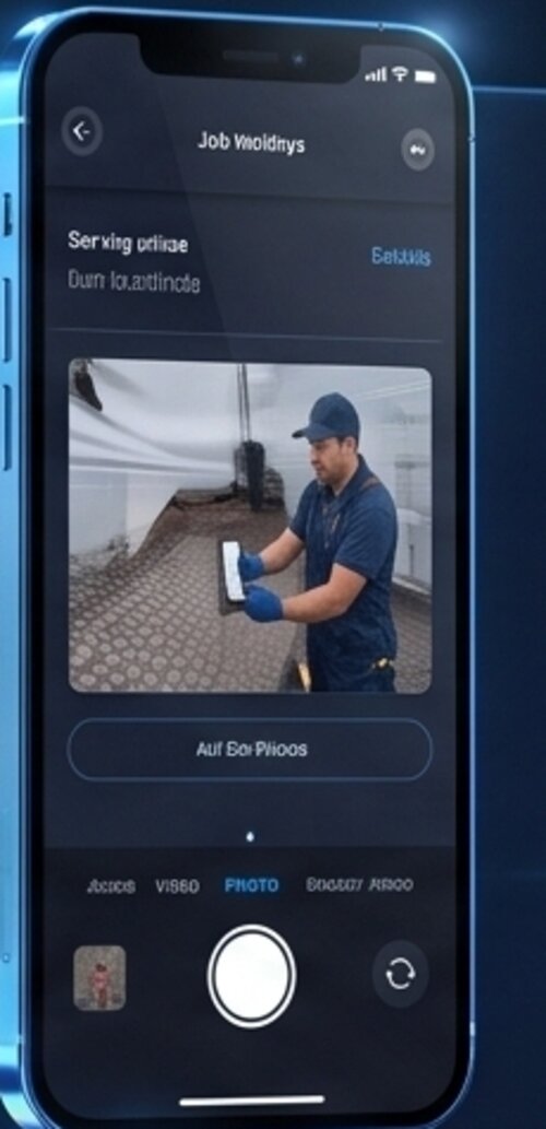 A phone capturing a photo of a completed job on site.