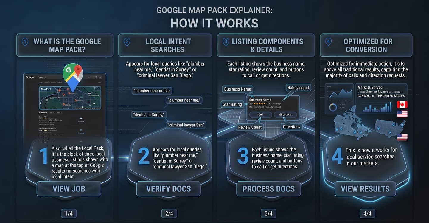 A four-panel explainer of the Google Map Pack: what it is, the searches it shows for, the parts of a listing, and how it sits above the regular results.
