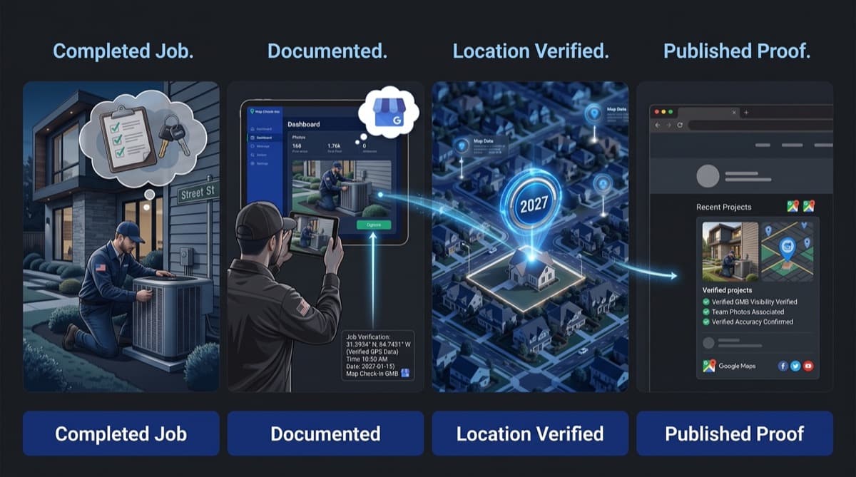 Four panels: a finished HVAC job, a tech logging it on a tablet, the spot verified by GPS on a map, then the result published as verified proof.