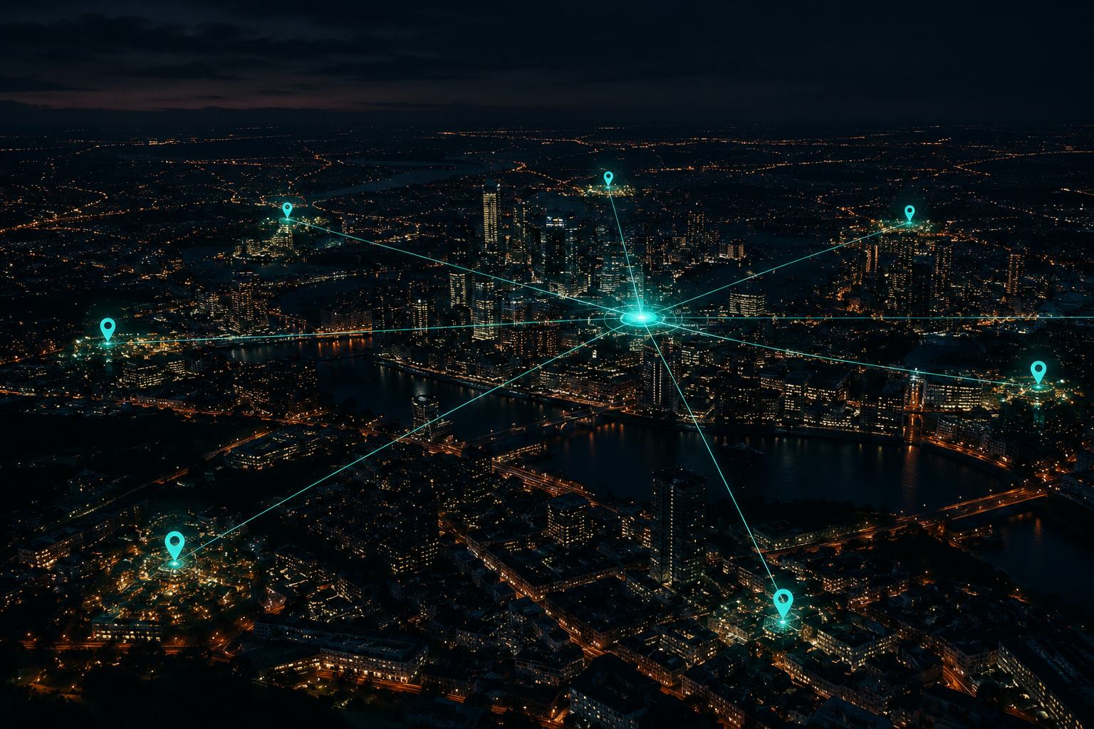 A dark aerial view of a city at night, several glowing teal map pins scattered across distinct neighbourhoods, each connected by thin lines back to a single central hub.