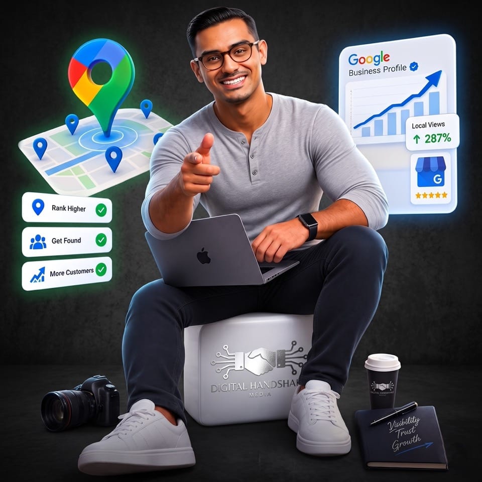 Omar Alocozy, founder of Digital Handshake Media, seated with a laptop and pointing at the camera, among Google Maps pins and a profile growth chart.