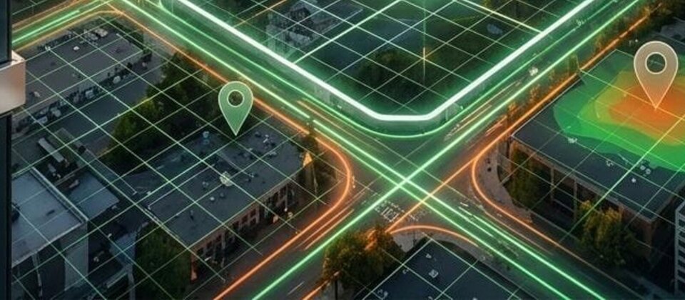 An aerial city map with ranking coverage across a service area, standing in for the factors that move the number.