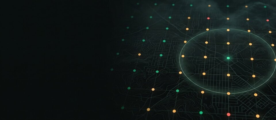 A geo-grid visualization showing local search ranking coverage falling off with distance from a business, the mechanism proximity weighting produces.