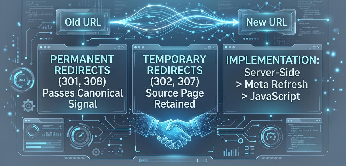 An old page address on the left routed by a permanent 301 to a new page address on the right, with the link value carried across.