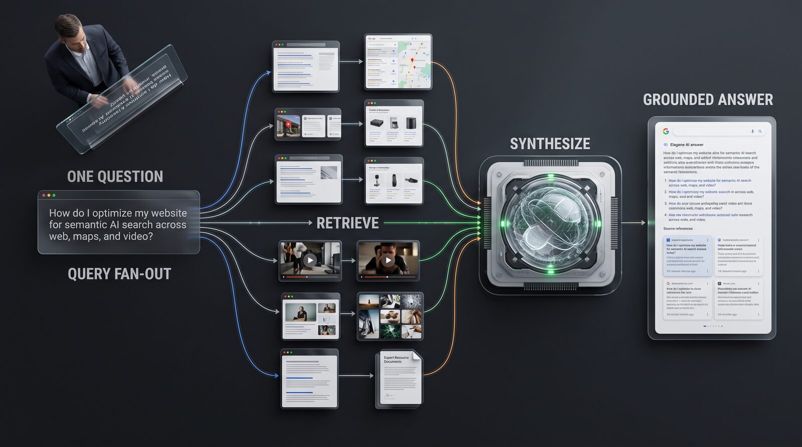 Diagram of query fan-out and grounding: one typed question splits into several related searches across web pages, business listings, images and video, all retrieved at once and fed into a synthesize step that produces one grounded answer with source references attached.