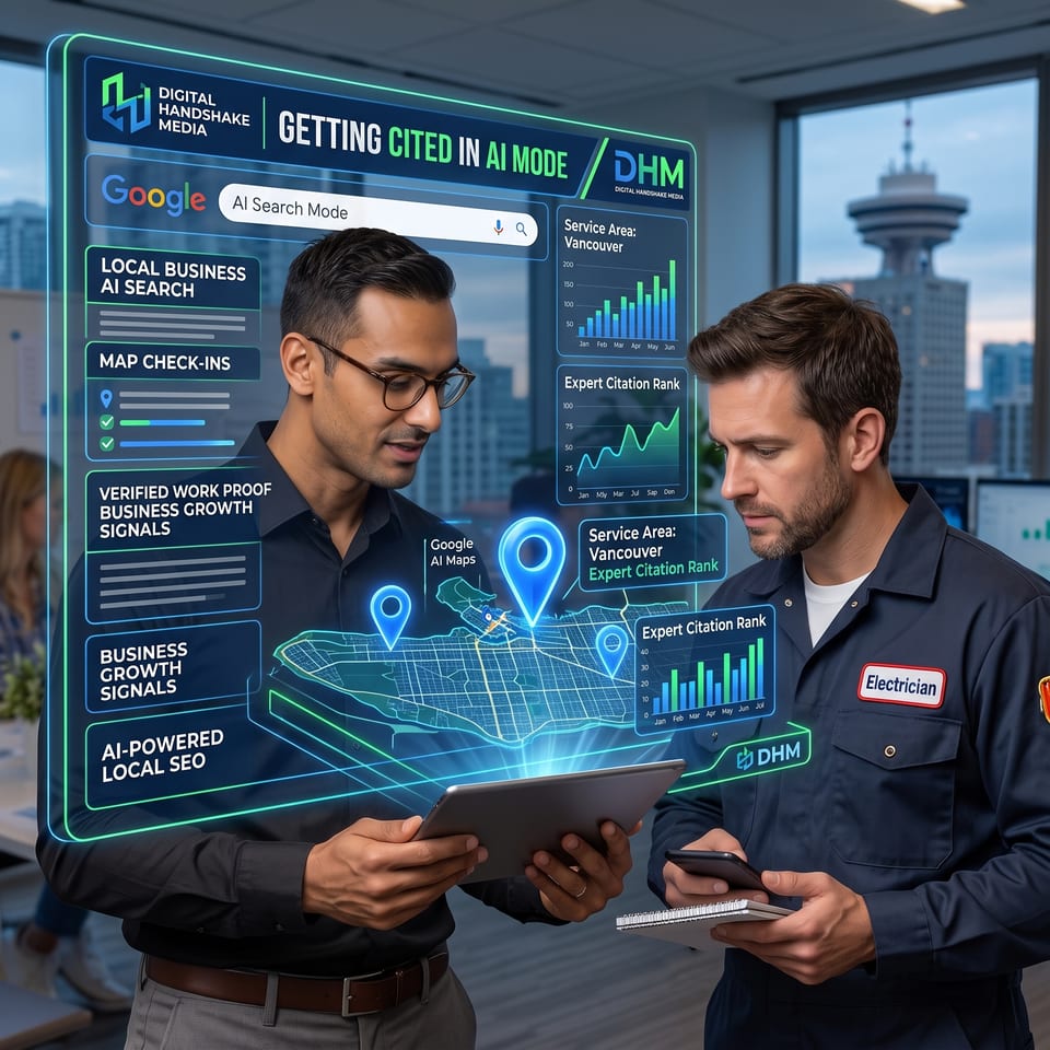A strategist with a tablet and a technician in an electrician's jacket reading a large translucent dashboard titled Getting cited in AI Mode, with a Google AI Search Mode bar, panels for local business AI search, Map Check-Ins, verified work proof and business growth signals, a glowing service-area map with location pins, and bar and line charts labelled Service Area: Vancouver and Expert Citation Rank.