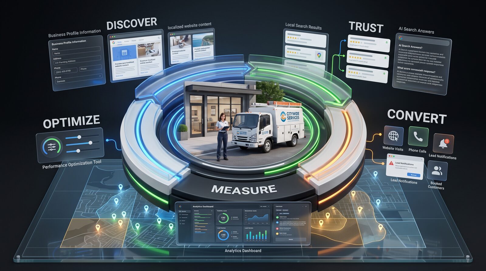 Illustration of the local visibility cycle for a service business: discover through a Google Business Profile and local search results, build trust through reviews and AI search answers, convert through website visits, calls and booked customers, then measure and optimize through an analytics dashboard.