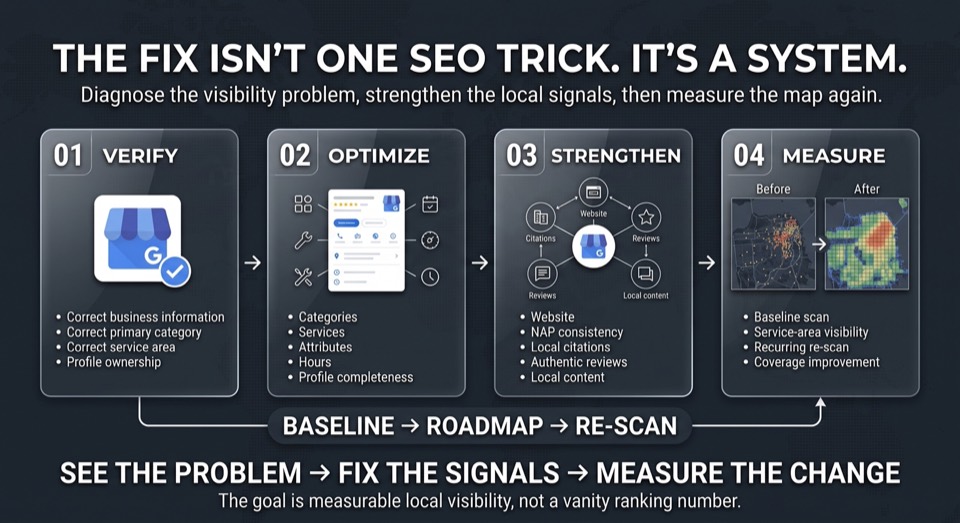 A four-stage system: verify the profile, optimize categories and attributes, strengthen citations and reviews, then measure the change with a before-and-after geo-grid scan.